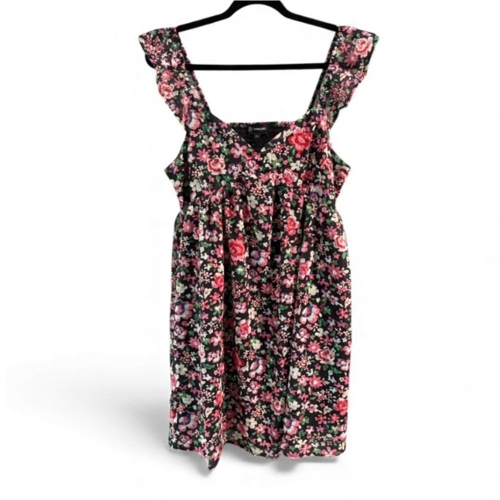 Merigold Kiss Floral Eyelet Mini Dress Large Black Pink Ruffle Smocked NWT